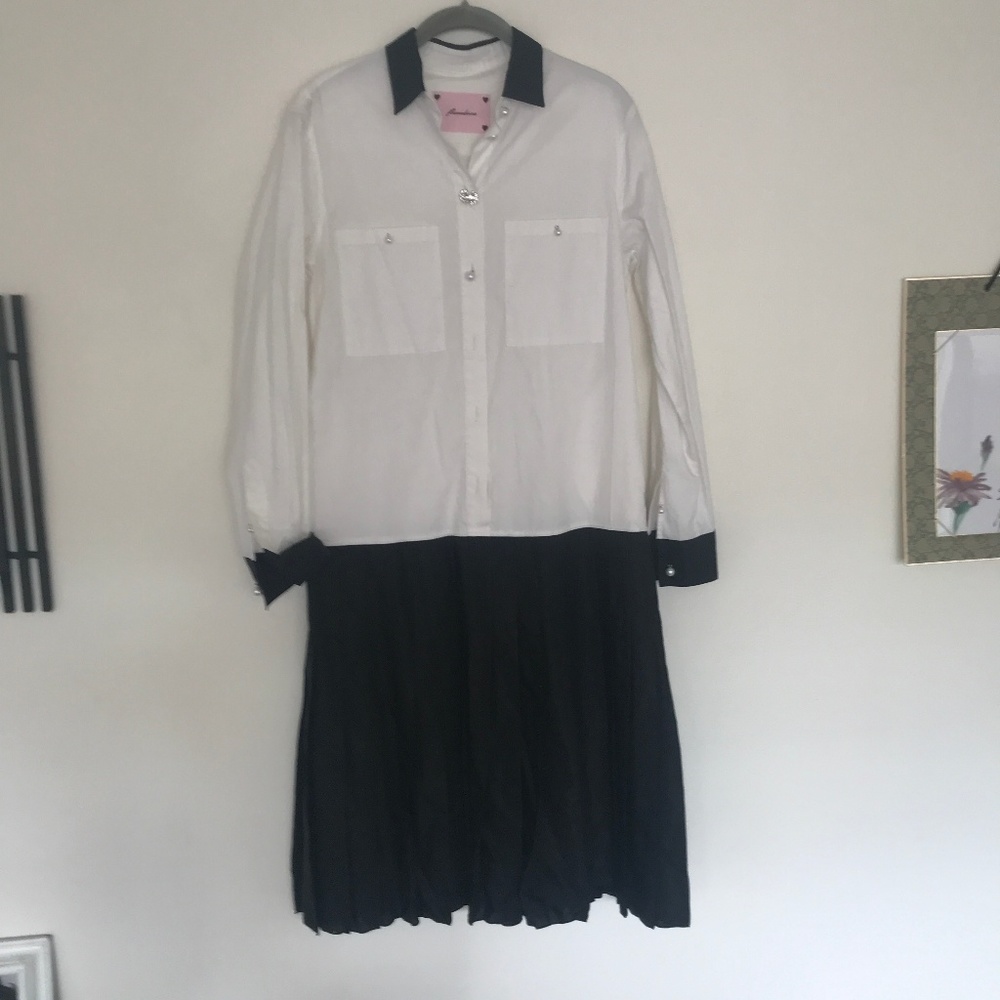 Fleamadonna Black & White Pleated Button Up Dress